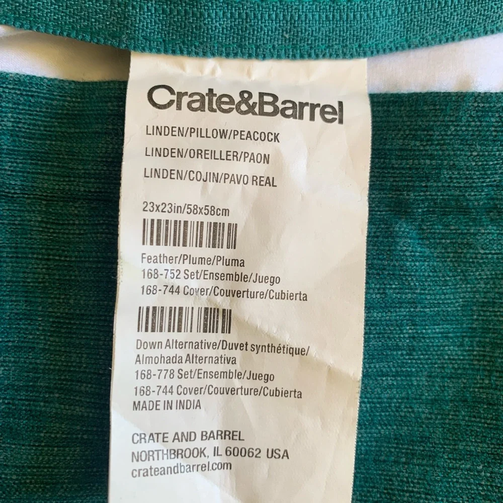 Set of 2 Crate&Barrel Peacock Green Pillows w/Feather Insert